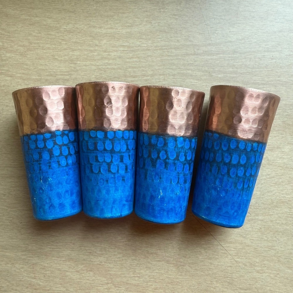 Marquesa de Mancera Copper Shot Glass Set 4pc Blue Hammered Excellent Artisanal - Picture 8 of 10